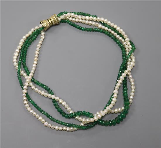 A modern quadruple strand emerald and cultured pearl bead choker necklace with 14ct gold clasp, 39cm.